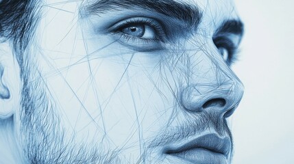 Obraz premium High-definition close-up of a realistic male portrait sketch, focusing on sharp lines and intricate detailing in the facial structure. The minimalist background offers copy space on the sides for