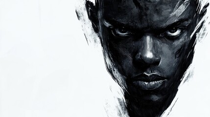 Stylized portrait sketch with bold lines and dramatic shading, capturing a figure intense expression. The artwork is presented against a plain white background, allowing for ample copy space around