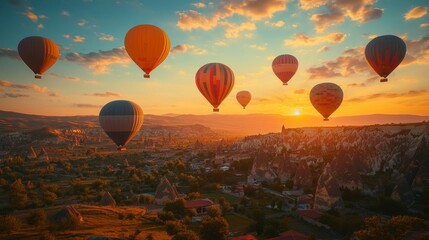 Obraz premium A breathtaking view of hot air balloons floating over the Cappadocia region in Turkey, as the sun rises and casts a warm glow on the landscape.