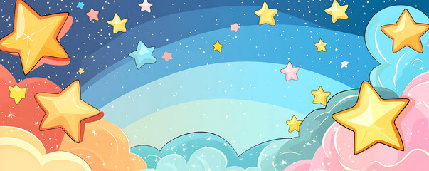 Naklejka premium Dreamy colorful sky with sparkling stars and fluffy clouds