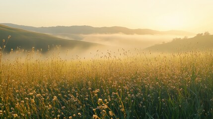 A serene landscape of golden grass and misty hills at sunrise.