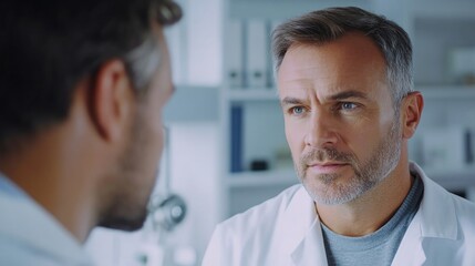 Obraz premium A doctor listens intently to his patient in a modern medical office.