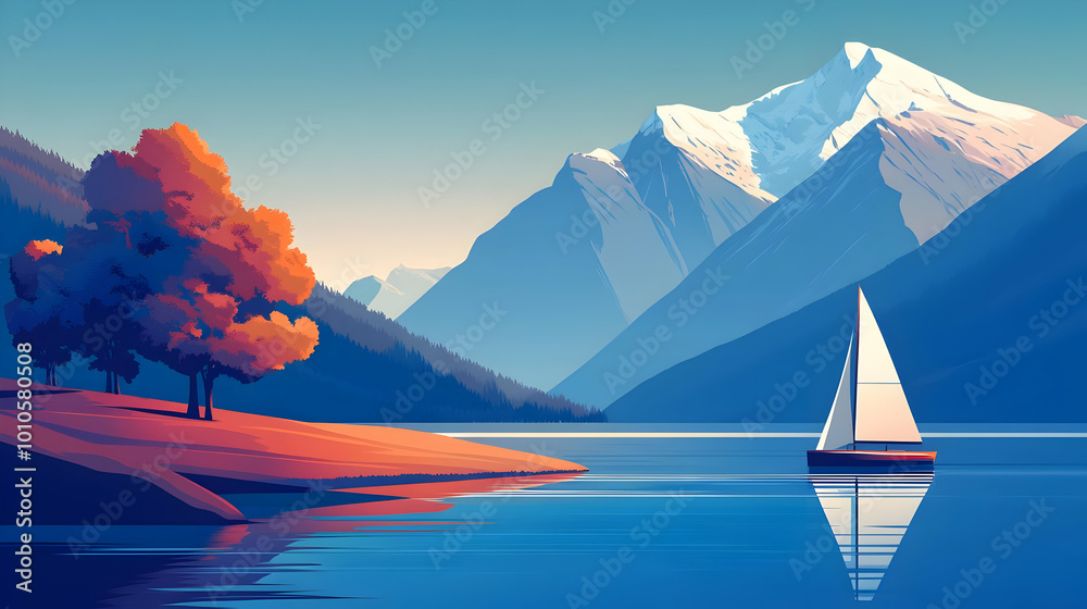 Poster Sailboat on a Calm Lake with Snowy Mountain Background