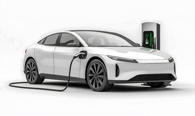 Image of electric car and charging station. EV Car technology for present and future modern on white background with copy space, Generative ai