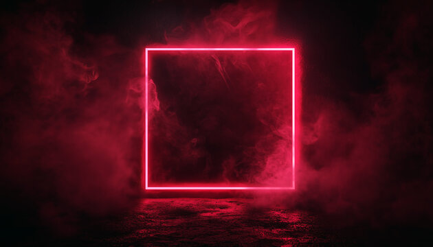 Dark background with neon red square in haze.