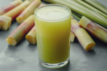 A refreshing glass of green juice made from fresh sugarcane, surrounded by cut sugarcane stalks.
