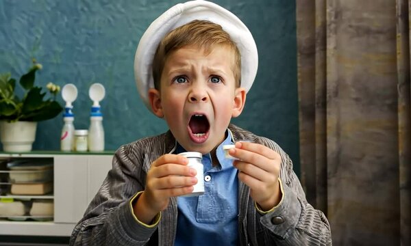 Petit gar&ccedil;on avec casquette de Poulbot chez son p&eacute;diatre, refusant de prendre un m&eacute;dicament au go&ucirc;t d&eacute;sagr&eacute;able, criant "non"