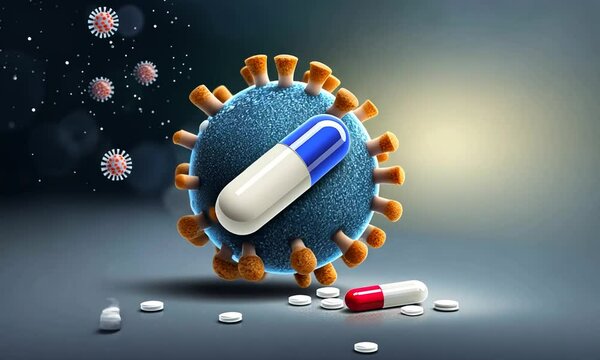 Virus ou bact&eacute;rie tournant sur elle-m&ecirc;me entour&eacute; de cachets et g&eacute;lules, symboles de th&eacute;rapie g&eacute;nique et de vaccination