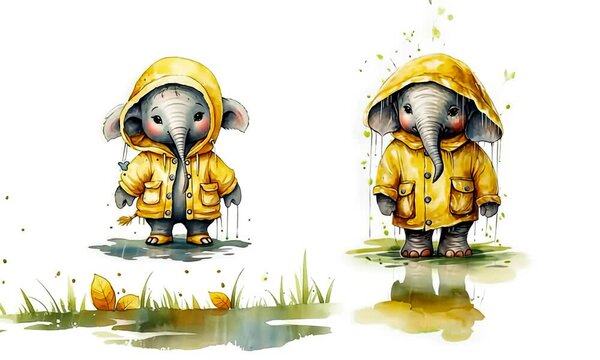 aquarelle deux b&eacute;b&eacute;s &eacute;l&eacute;phants sautant dans les flaques d'eau sous la pluie, prot&eacute;g&eacute;s par des duffle-coats bretons jaunes