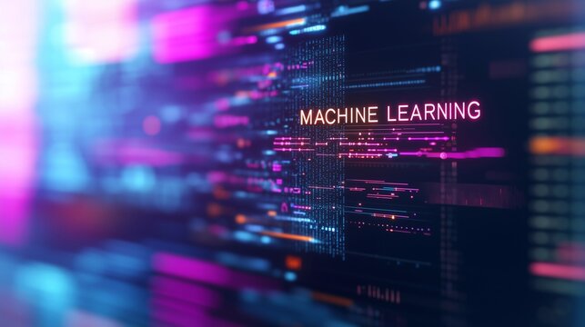 Holographic interface displaying real-time data analysis, text MACHINE LEARNING algorithms running in fluid sequences.