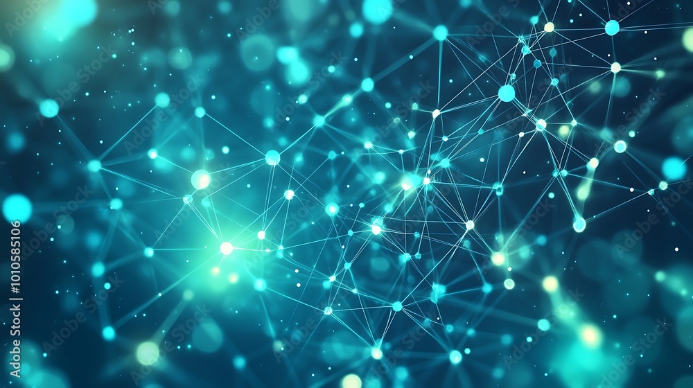 Poster Abstract blue background with glowing connected dots and lines representing network and connections.