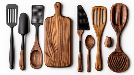 Wooden Kitchen Utensils and Cutting Board Flat Lay Photography