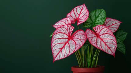 Obraz premium Pink and White Caladium Plant in Pot Against Green Background