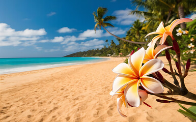 Plakat A stunning 4K tropical beach view with crystal-clear waters, golden sands, and vibrant plumber flowers creates a serene, fragrant scene, perfect for relaxation or vacation.