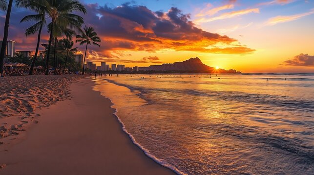 Waikiki Beach at sunset is a breathtaking scene of golden sands and colorful skies.