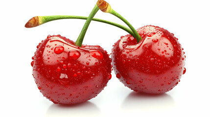Two Fresh Red Cherries with Dew Drops