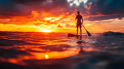 Paddleboarding at Sunset, Calm Waters, Golden Hour Reflection