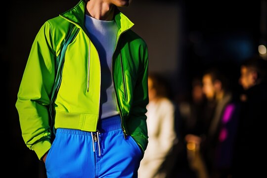 Bright lime jacket on model at fashion show