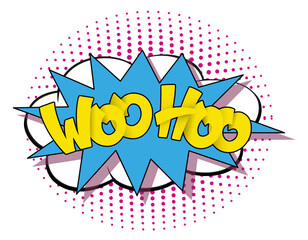 Comic lettering woo hoo. Vector bright cartoon illustration in retro pop art style. Comic text sound effects. EPS 10.