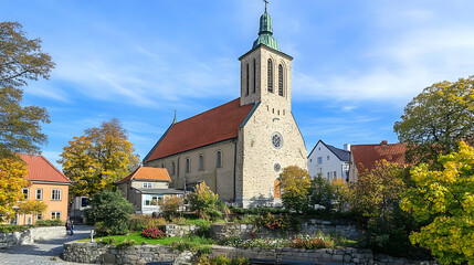 Fototapeta premium Stone Church with Red Roof in a Picturesque Town