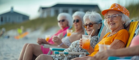 A cheerful group of elderly women enjoys sunny beach time, sipping colorful drinks while relaxing in beach chairs, showcasing fun and friendship.