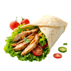 Burrito with grilled chicken and vegetables isolated on white background (fajitas, pita bread, shawarma)