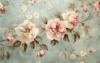 Soft pastel floral wallpaper design with vintage floral motifs, capturing the nostalgic charm and romantic elegance of retro interior decor