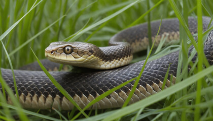 Obraz premium Macro view of a snake slithering through the tall grass, highlighting the intricate scales and the subtle patterns on its body.