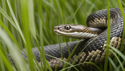 Obraz premium Macro view of a snake slithering through the tall grass, highlighting the intricate scales and the subtle patterns on its body.