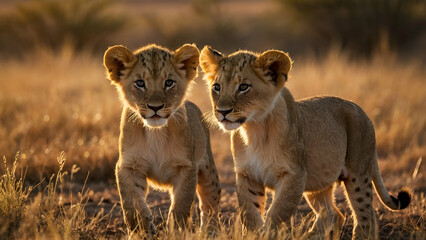 Two young lion cubs in african savannah during sunrise golden hour 