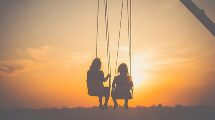 Two Silhouettes on a Swing at Sunset