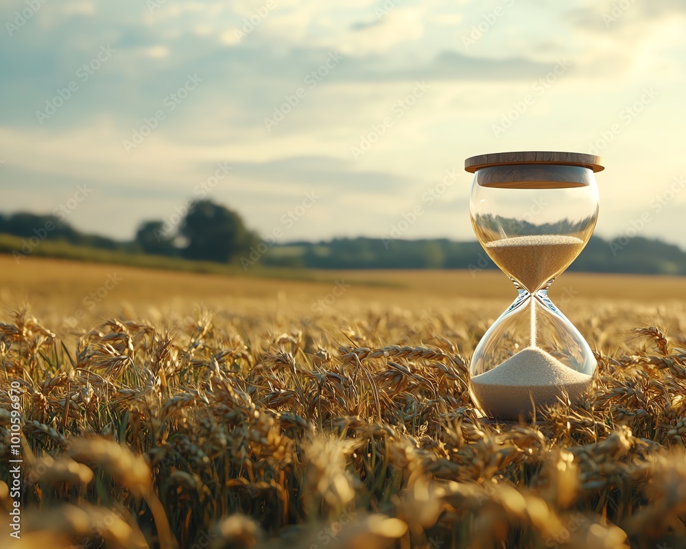 Poster Calm field backdrop with an hourglass symbolizing slow life, including generous copy space for personalized content