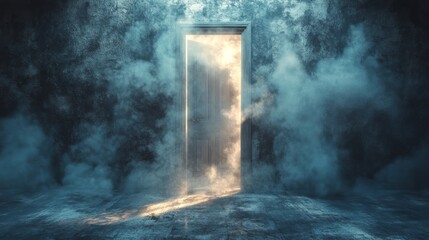 A single wooden door with a light shining through it, set against a dark, smoky background.