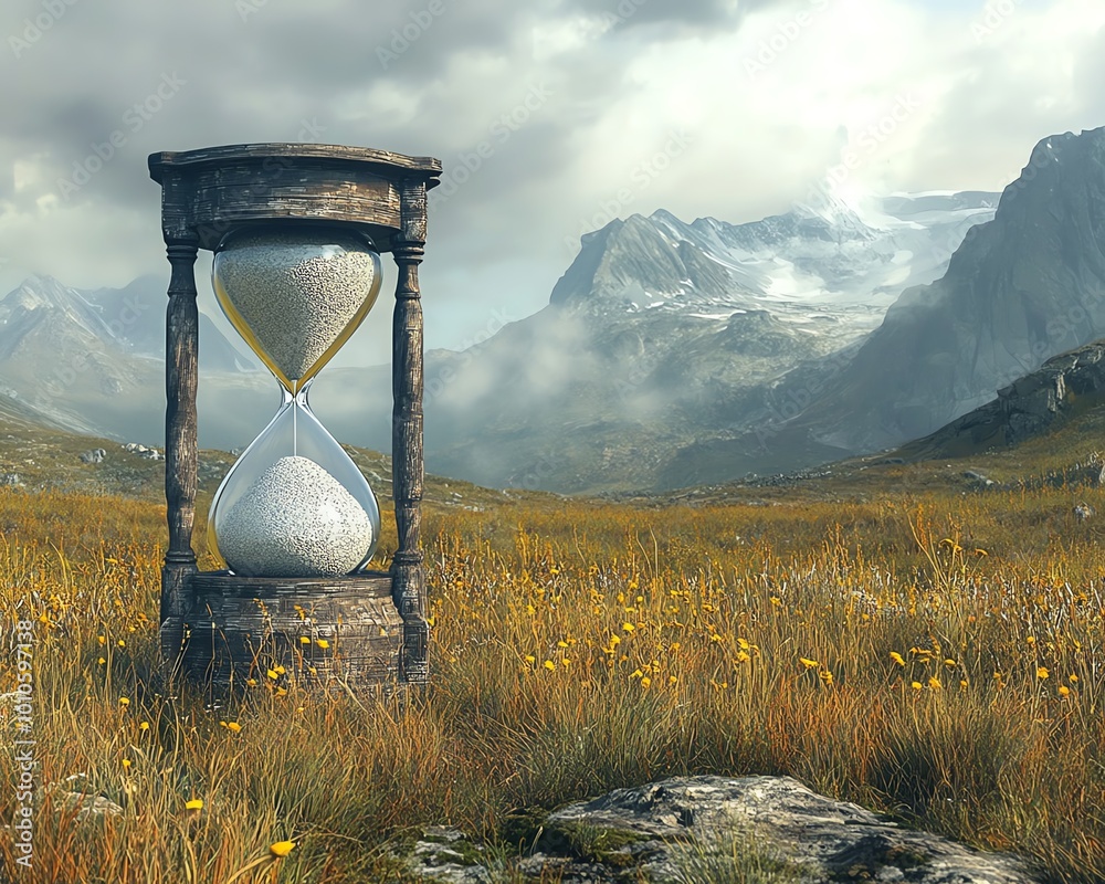 Poster calm field scene with an hourglass representing slow life, featuring a wide copy space for personali
