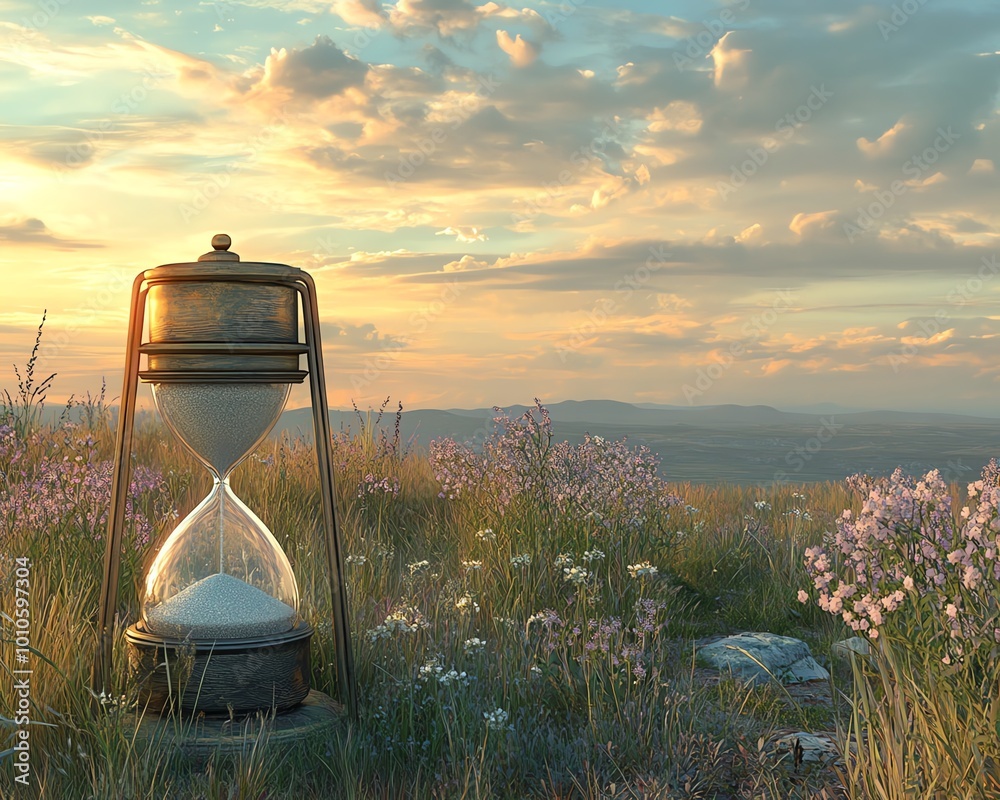 Poster calm field scene with an hourglass representing slow life, featuring a wide copy space for personali