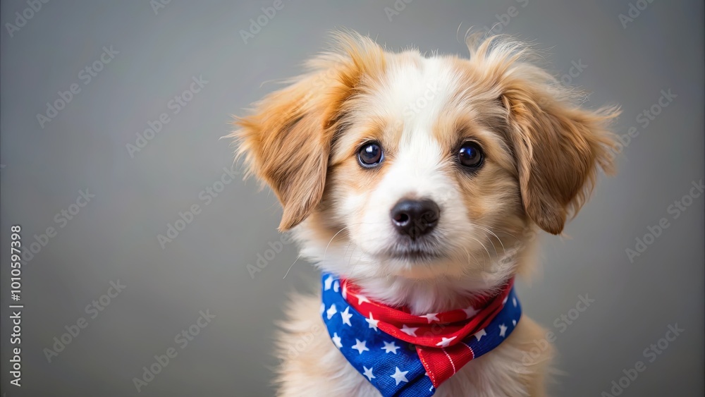 Wall mural a young, fluffy dog with a patriotic bandana looks up at the camera with big, curious eyes, capturin