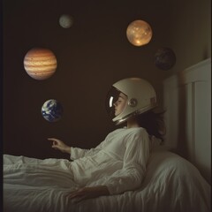 Naklejka premium Dreamlike astronaut with planets in bedroom scene