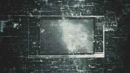 Fototapeta premium Grunge textured, monochrome screen with abstract overlay, displaying a flickering digital signal.
