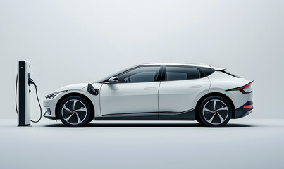 Image of electric car and charging station. EV Car technology for present and future modern on white background with copy space, Generative ai
