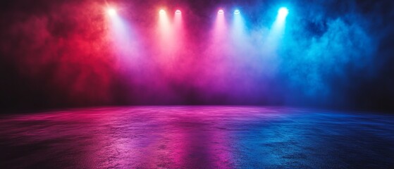 Obraz premium Empty stage scene with colorful spotlights and ample copy space, designed for eyecatching banner backgrounds