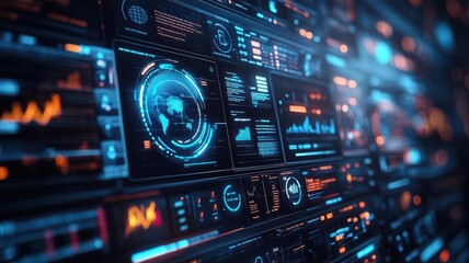 Fototapeta premium Futuristic branding development interface on a large digital screen, abstract icons and charts, no human face, photorealistic