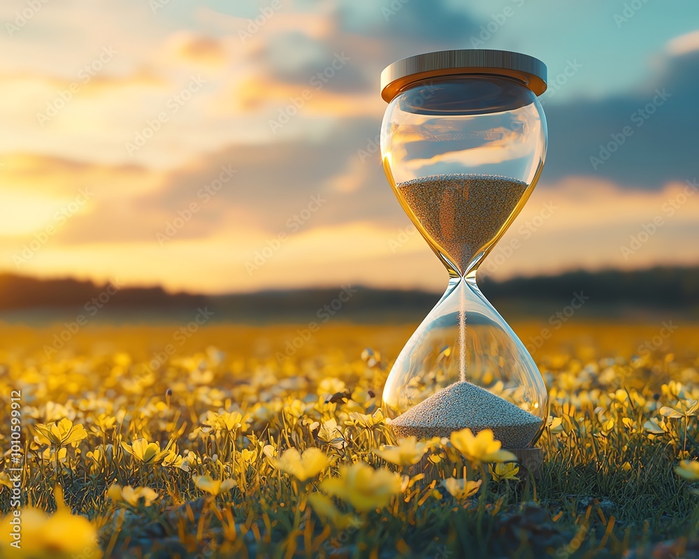 Poster hourglass set against a calm field backdrop, representing slow life and providing a spacious area fo