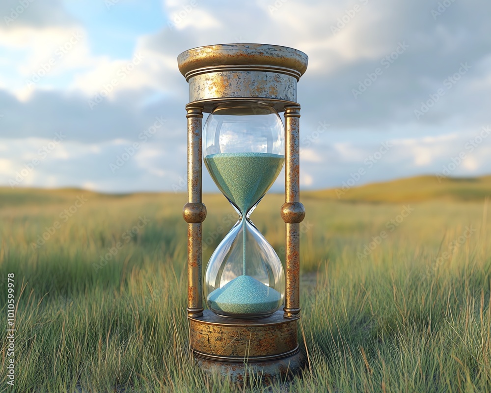 Aufkleber hourglass set against a calm field backdrop, representing slow life and providing a spacious area fo