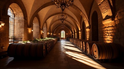 Fototapeta premium Sunlight streams through a vaulted stone hallway, illuminating rows of aged wooden barrels in a dimly lit cellar.