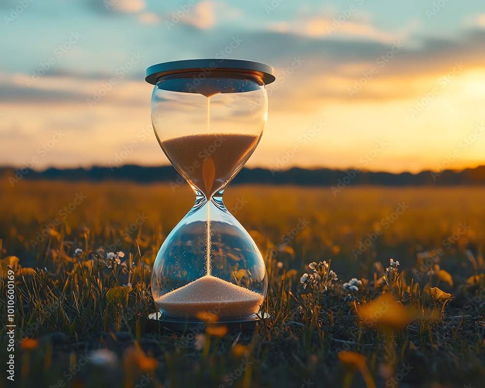 Poster hourglass set against a calm field backdrop, representing slow life and providing a spacious area fo