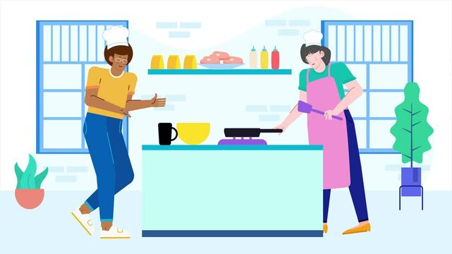 friends joyfully cooking together in a modern kitchen setting illustration animated video