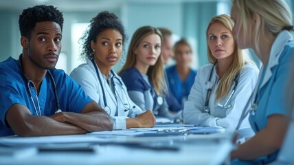 Diverse doctors and nurses seated at a table, discussing patient care protocols, photorealistic hospital setting, collaborative planning