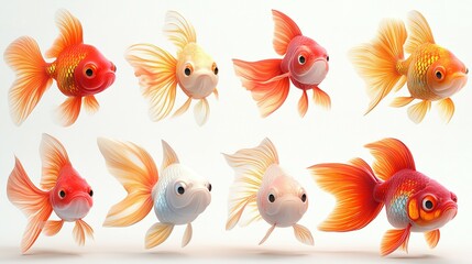Eight Goldfish with Orange and White Fins Swimming on White Background