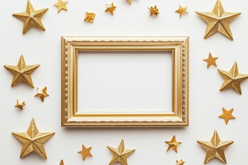 Gold frame with gold stars on white background. Flat lay, top view, copy space with generative ai