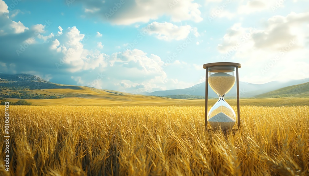 Poster Serene field background with an hourglass, embodying slow life and featuring ample copy space for custom text